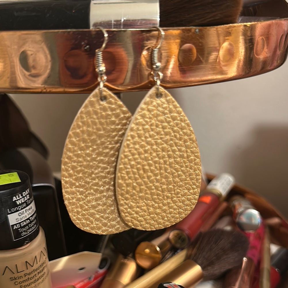 Gold Teardrop Leather Earrings